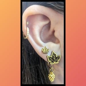 Front Back Gold Leaf Pine Cone Fall Earrings